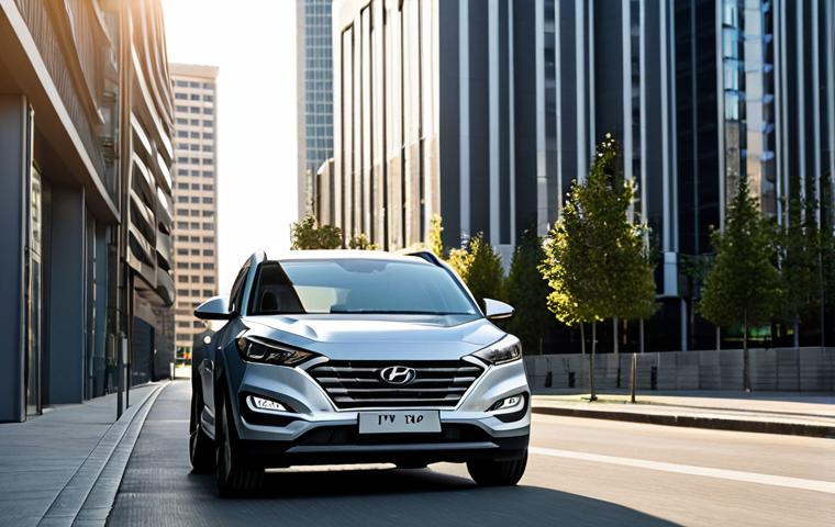City Commute**
A Hyundai Tucson Plug-in Hybrid, fully clothed, in modest silver driving through a sunny urban environment with modern buildings in the background. The car is clean and reflecting sunlight. Safe for work, appropriate content, professional automotive photography, perfect anatomy, correct proportions, natural pose, well-formed hands, proper finger count, natural body proportions.
**